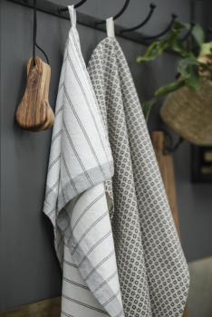 Preview: Geschirrtuch weiss m/grauen Kanten und schwarzen Streifen